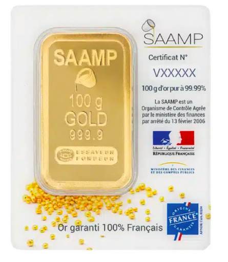 Lingotin frappé sous emballage SAAMP, marqué 999,9 ‰.